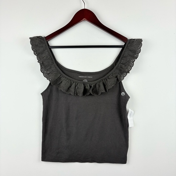 NWT American Eagle Eyelet Trim Scoop-Neck Ribbed Tank Top Women's Size Large - Picture 2 of 6